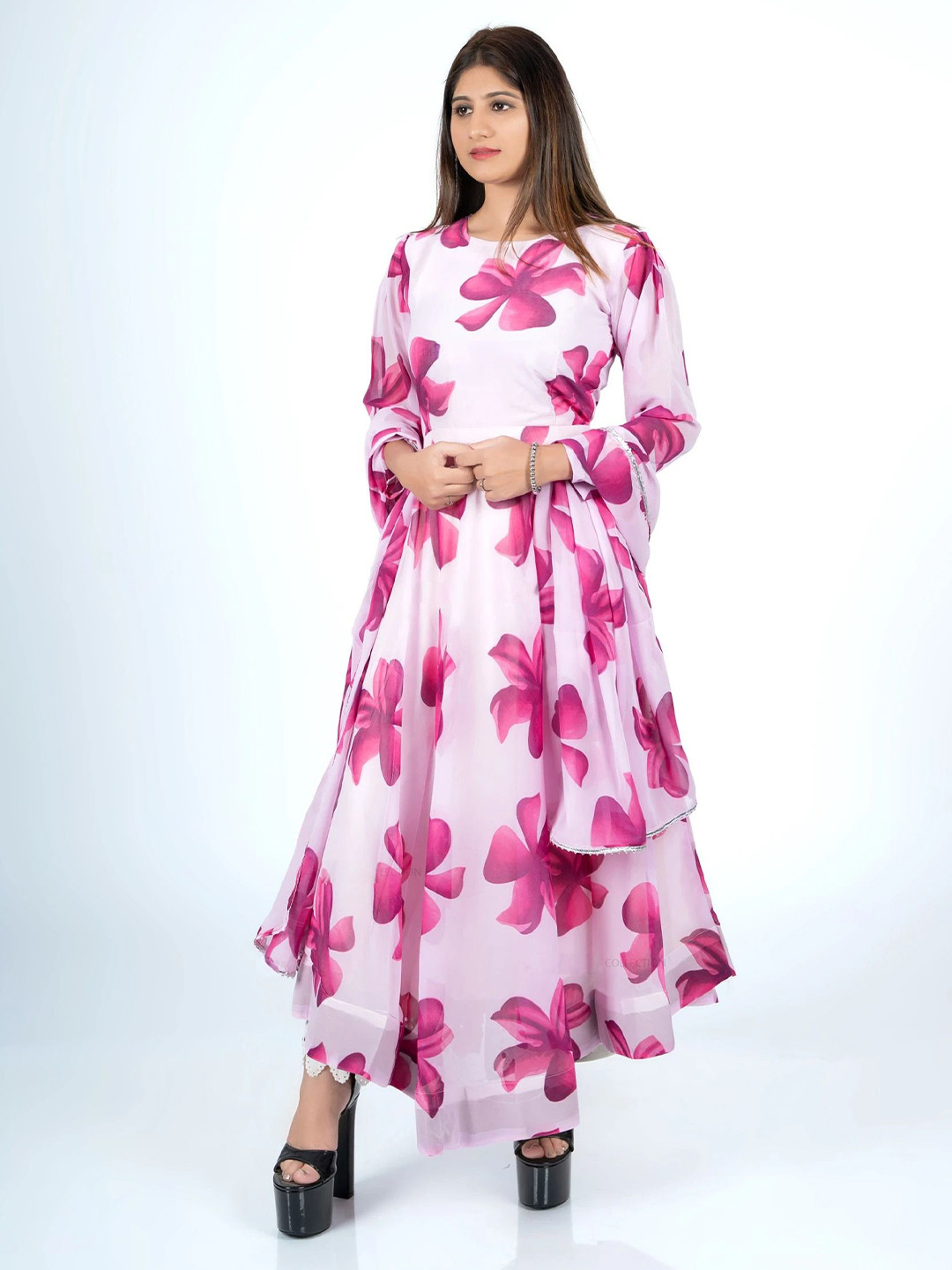 

Jash Creation women Floral Printed Maxi Dress With Dupatta, Pink