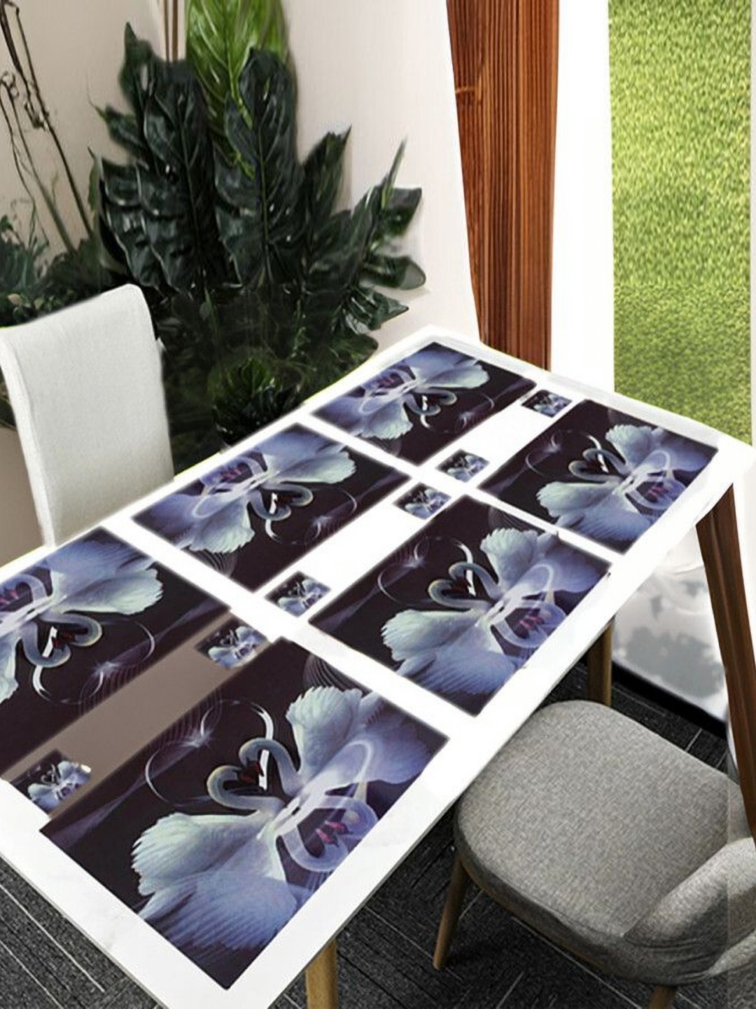 

REVEXO White & Black 12 Pieces Floral Printed Table Placemats & Coasters