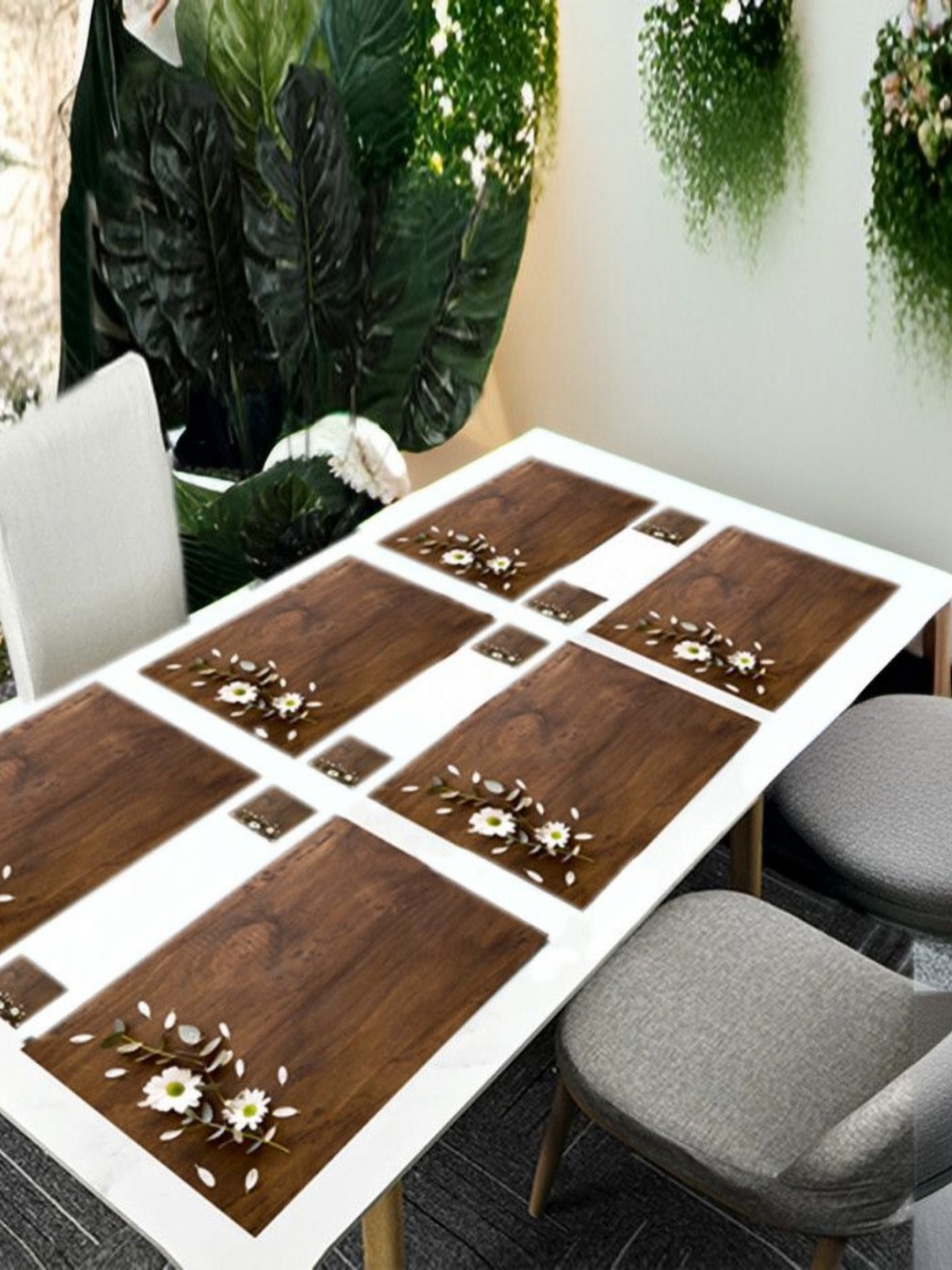 

REVEXO Brown & White 12 Pieces Printed Table Placemats & Coasters