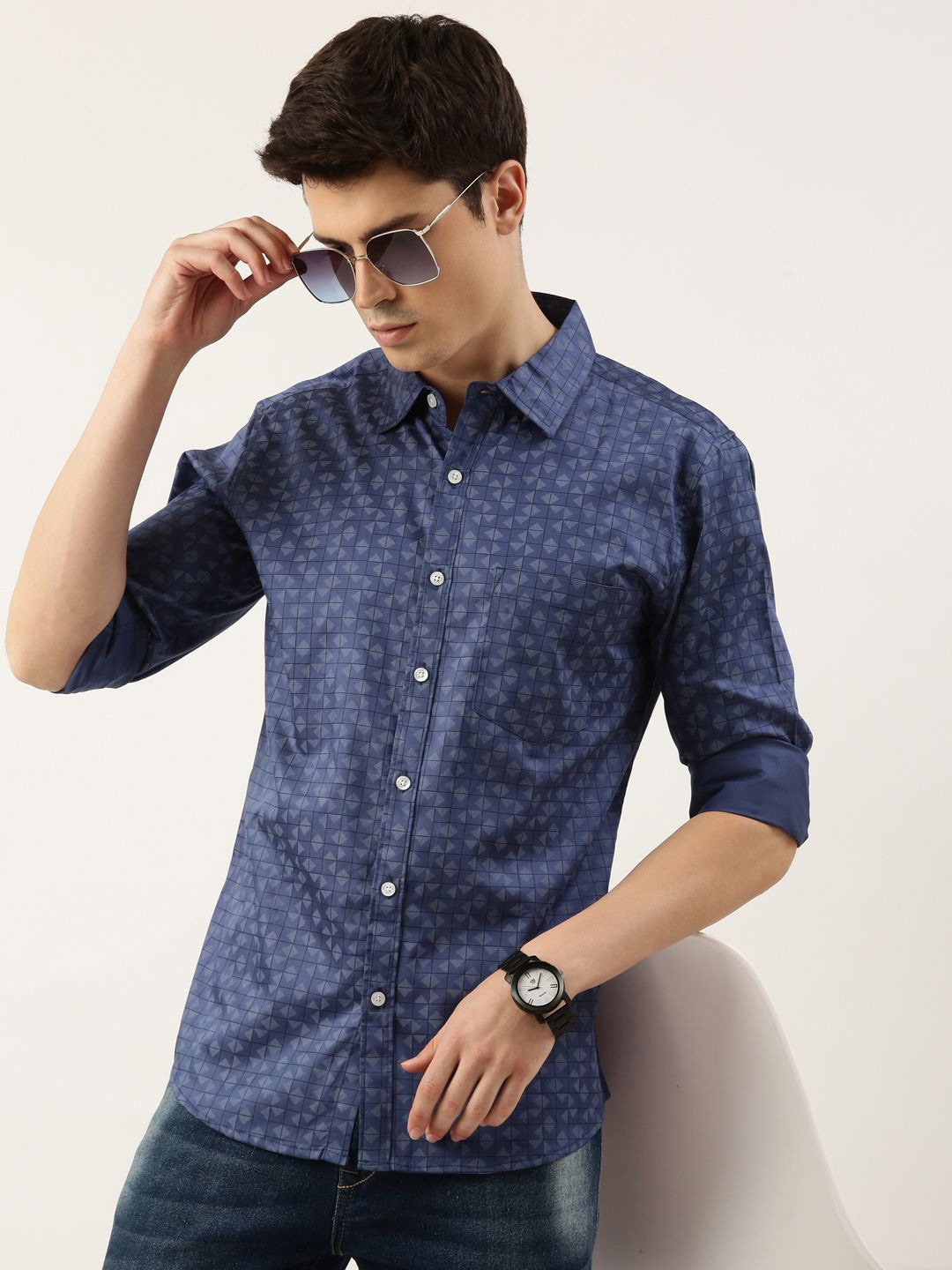 

Provogue Men Spread Collar Geometric Printed Cotton Casual Shirt, Blue