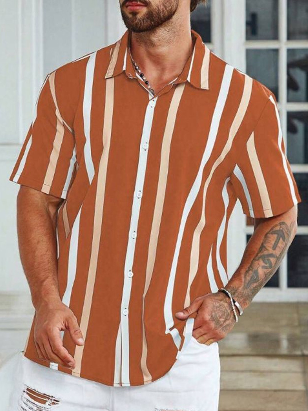 

iCome Men Spread Collar Vertical Striped Casual Shirt, Orange