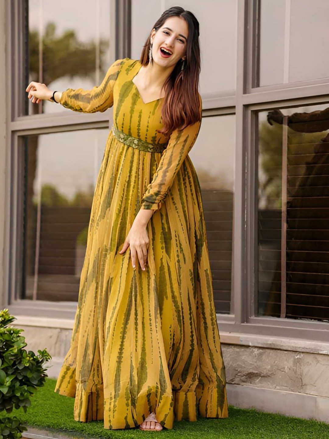 

Femvy Printed Maxi Ethnic Dress, Yellow