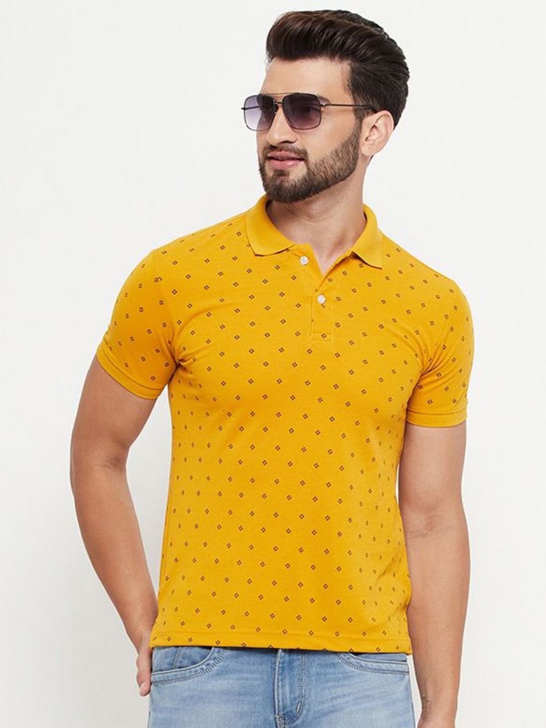 

RELANE Men Graphic Printed Polo Collar Cotton T-shirt, Mustard