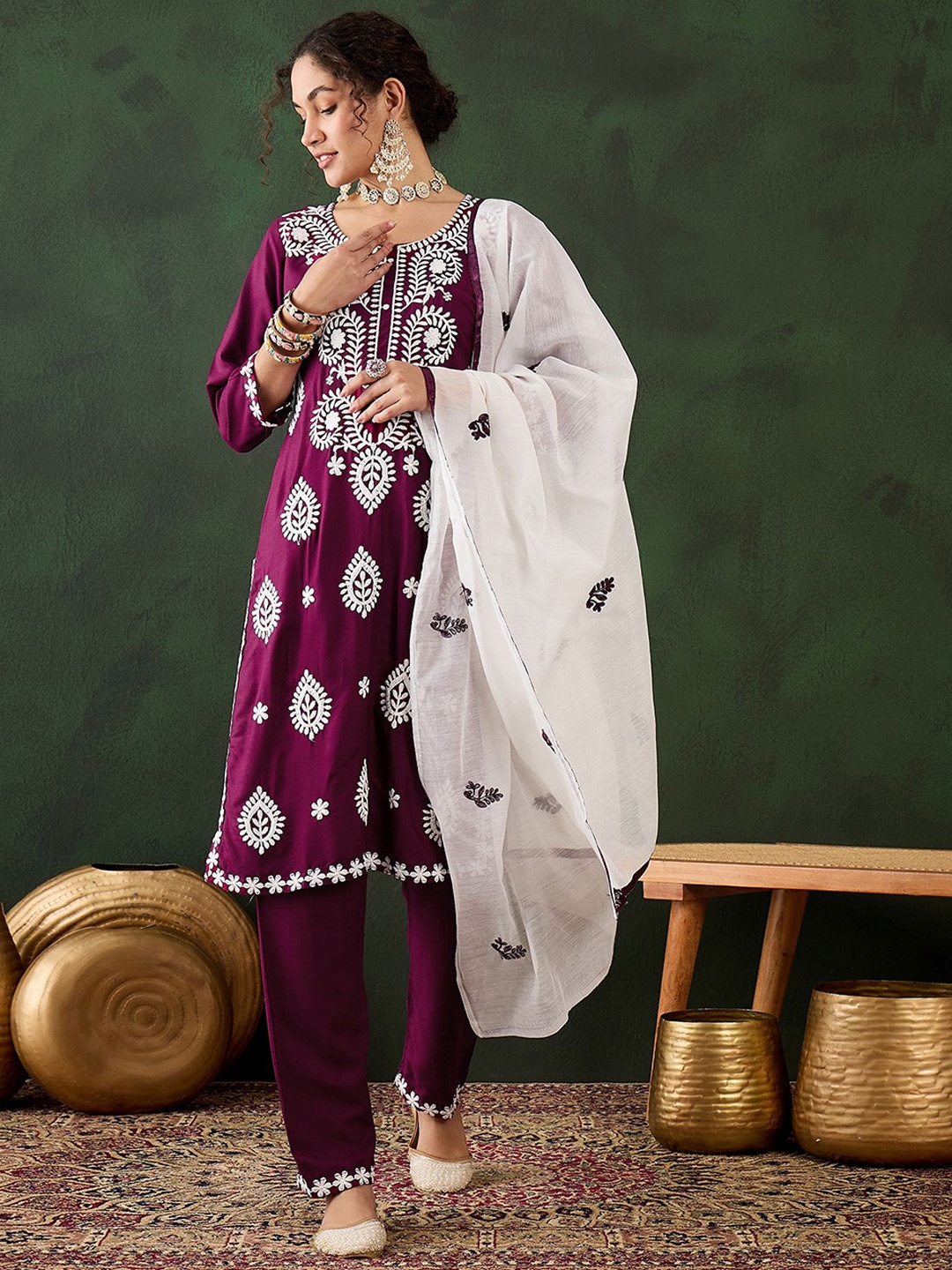 

HERE&NOW Burgundy Floral Embroidered Straight Kurta With Trousers & Dupatta
