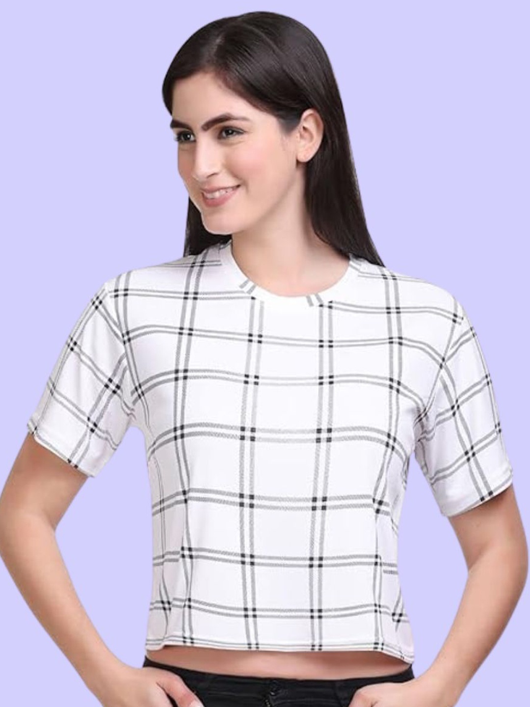 

White Moon Women Cotton Checked Print Short Sleeves Boxy Crop Top