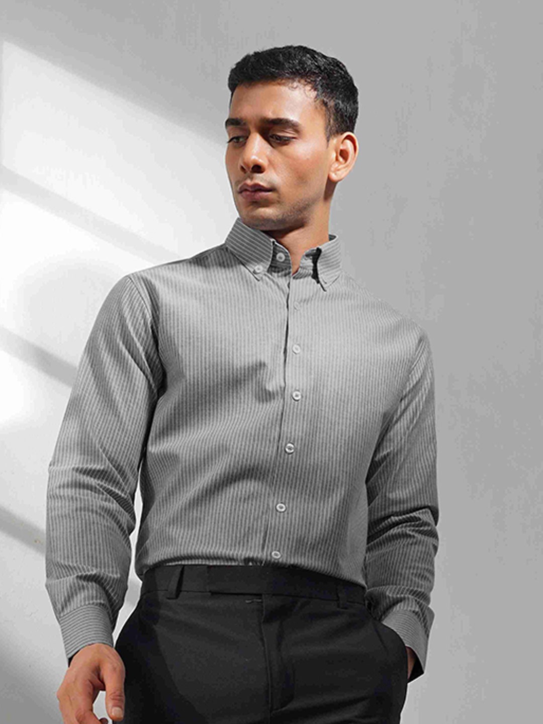 

Eleven Brothers Men Button-Down Collar Vertical Striped Cotton Formal Shirt, Grey
