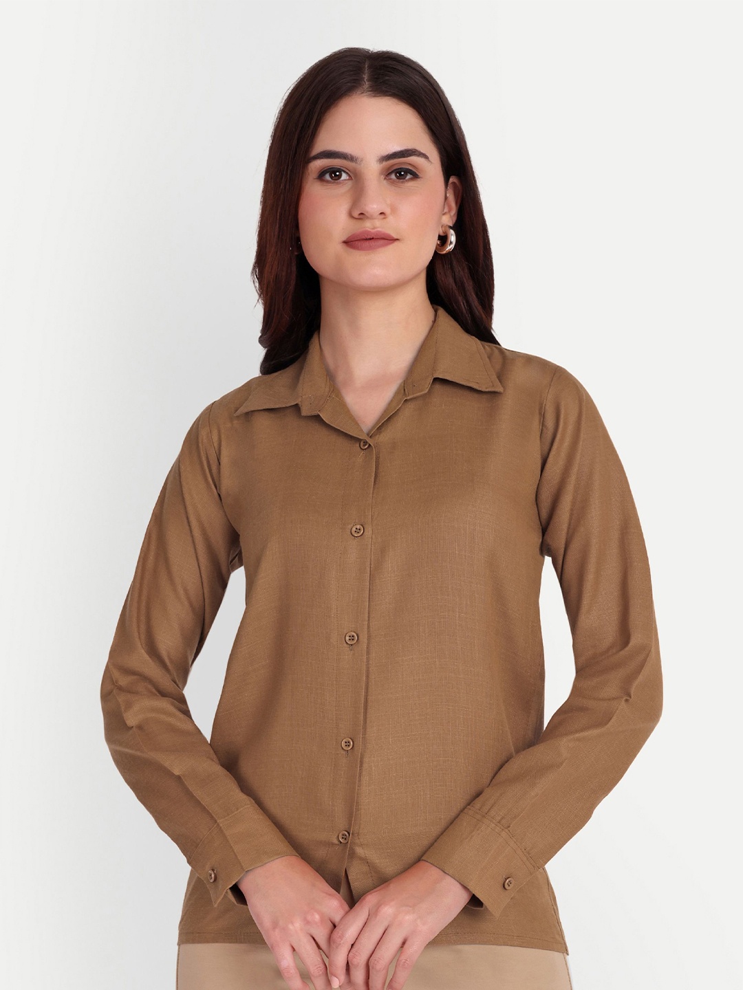 

FNOCKS Women Classic Fit Spread Collar Solid Cotton Casual Shirt, Brown