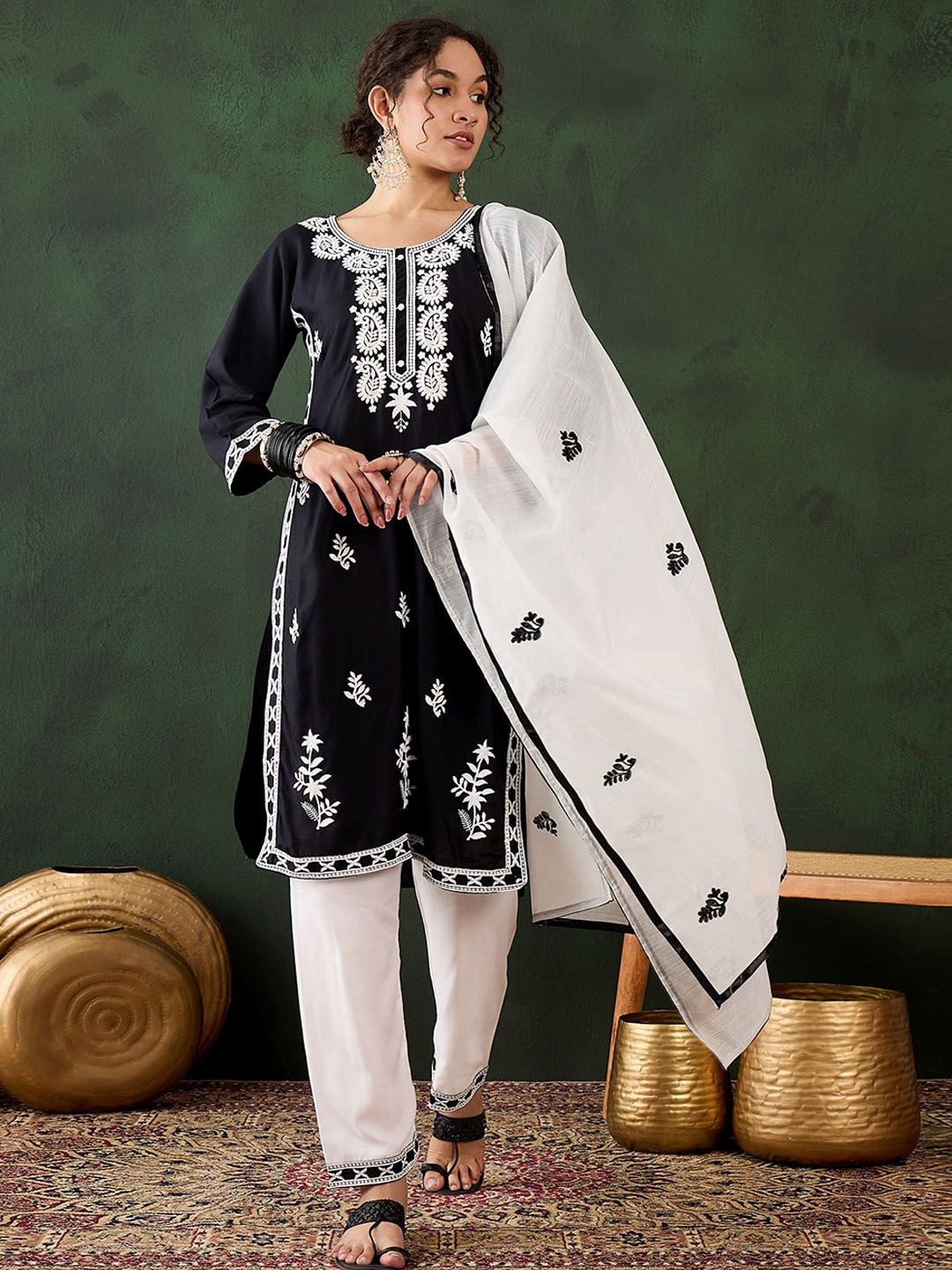 

HERE&NOW Black Paisley Embroidered Straight Kurta With Trousers & Dupatta