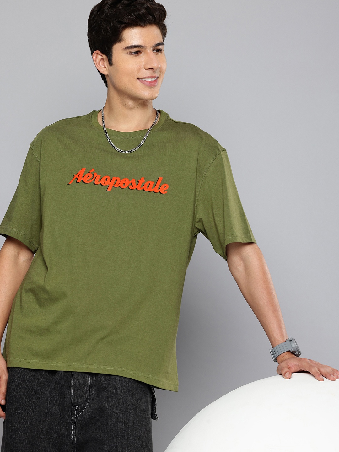 

Aeropostale Brand Logo Printed Drop-Shoulder Sleeves Pure Cotton Relaxed Fit T-shirt, Olive