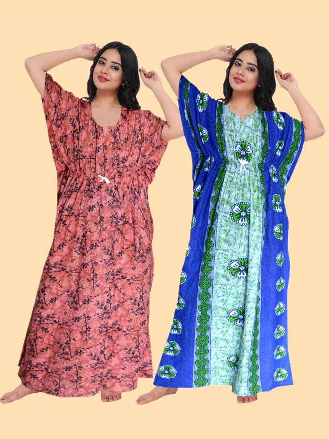 

PR PINK ROYAL Women Pack of 2 Printed Pure Cotton Maxi Kaftan Nightdress, Orange