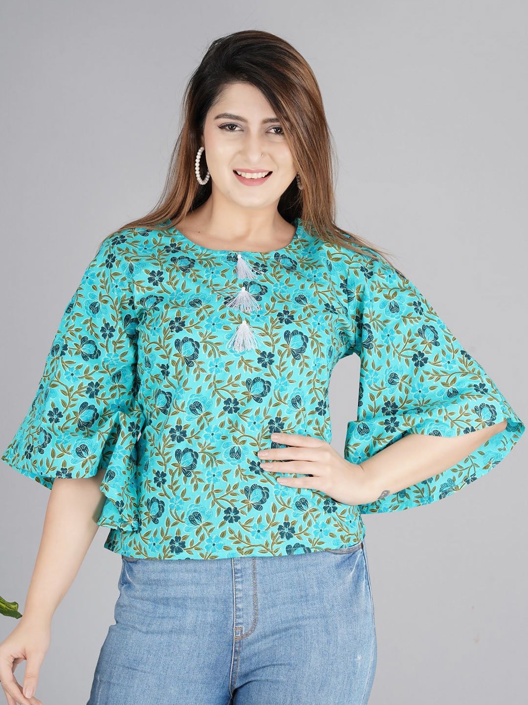 

AAFAMI Women Floral Printed Round Neck Cotton Top, Blue