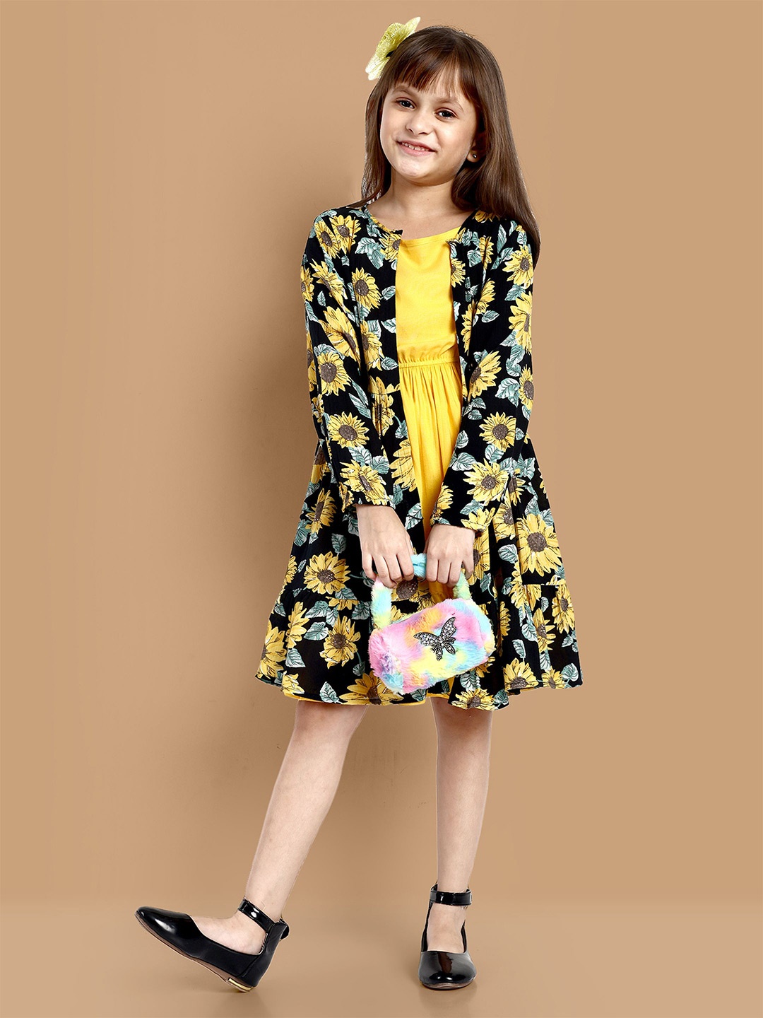 

YK Girls Fit & Flare Knee Length Dress With Floral Printed Shrug, Yellow