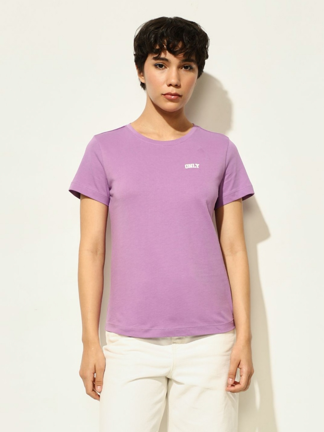 

ONLY Women Solid Round Neck Cotton T-shirt, Lavender