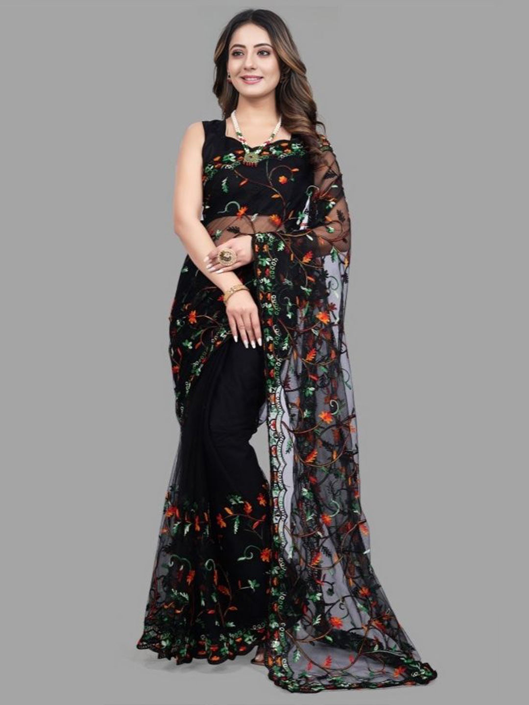 

LADY SHOPI Floral Embroidered Net Saree, Black