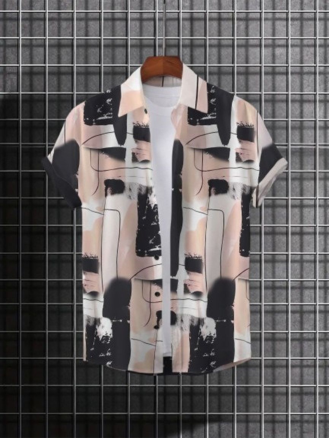 

iCome Men Spread Collar Abstract Printed Casual Shirt, Peach