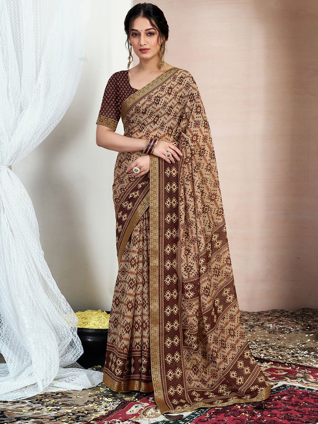 

KALINI Zari Pure Chiffon Ikat Saree, Brown