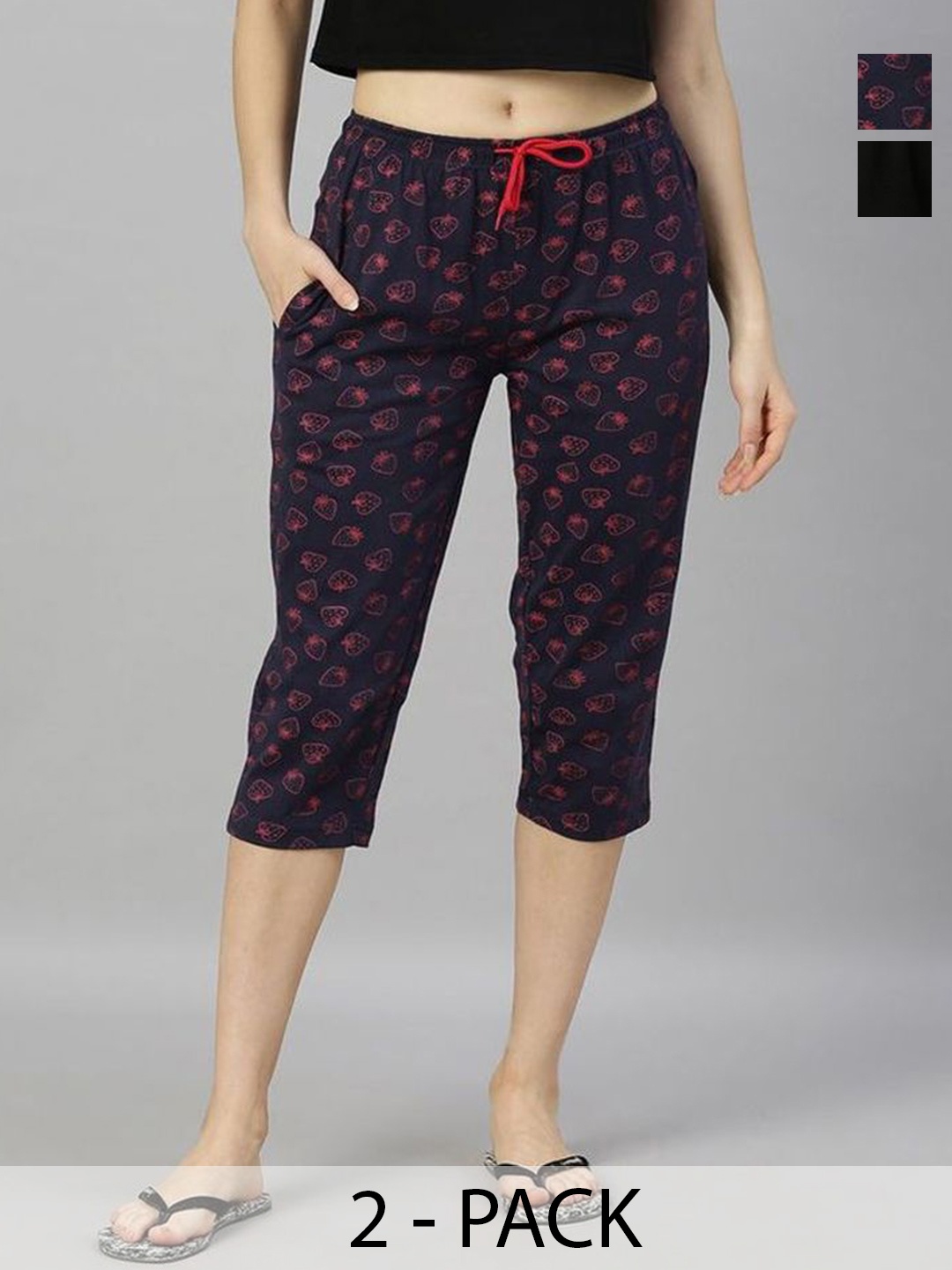 

Kryptic Women Pack of 2 Regular Fit Mid-Rise Cotton Printed Capris, Navy blue