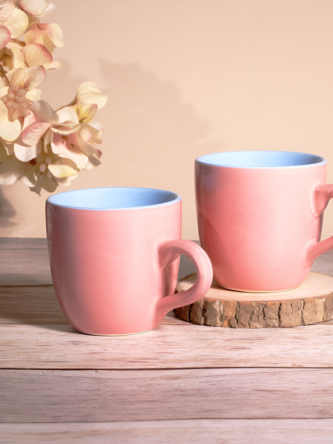 

Storepedia Peach-Coloured & Blue Handcrafted Solid Ceramic Glossy Cups Set of Cups and Mugs