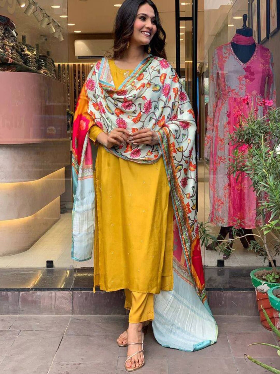 

DIVASTRI Embroidered Round Neck Sequinned Kurta With Trousers & Dupatta, Mustard