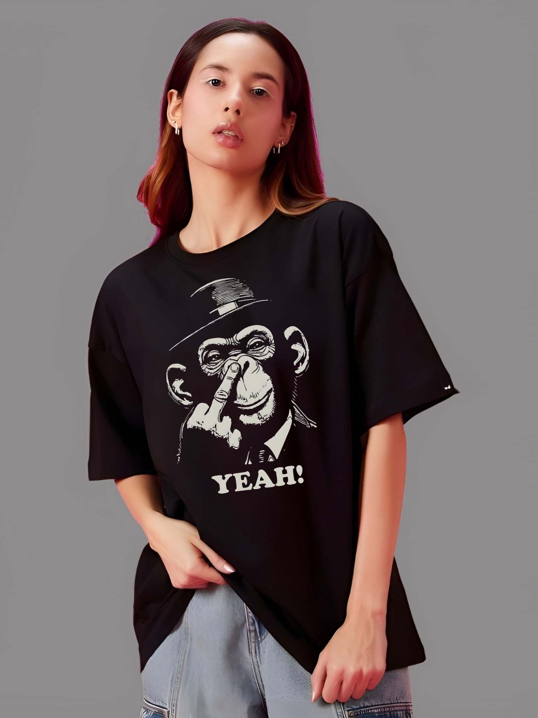 

SZN Women Graphic Printed Round Neck Cotton Oversized T-shirt, Black