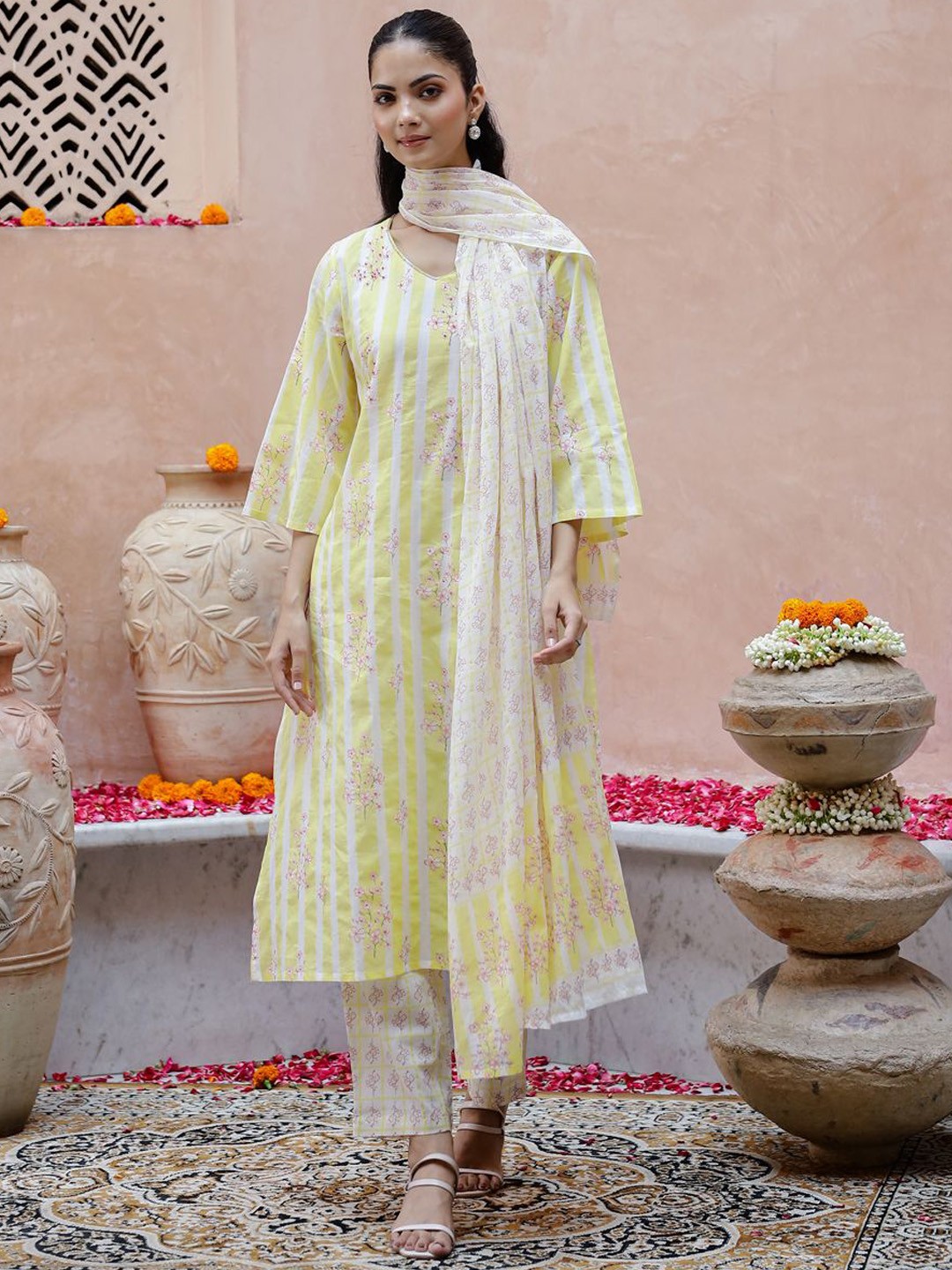 

Sangria Yellow Floral Printed V-Neck Pure Cotton Straight Kurta With Trousers And Dupatta