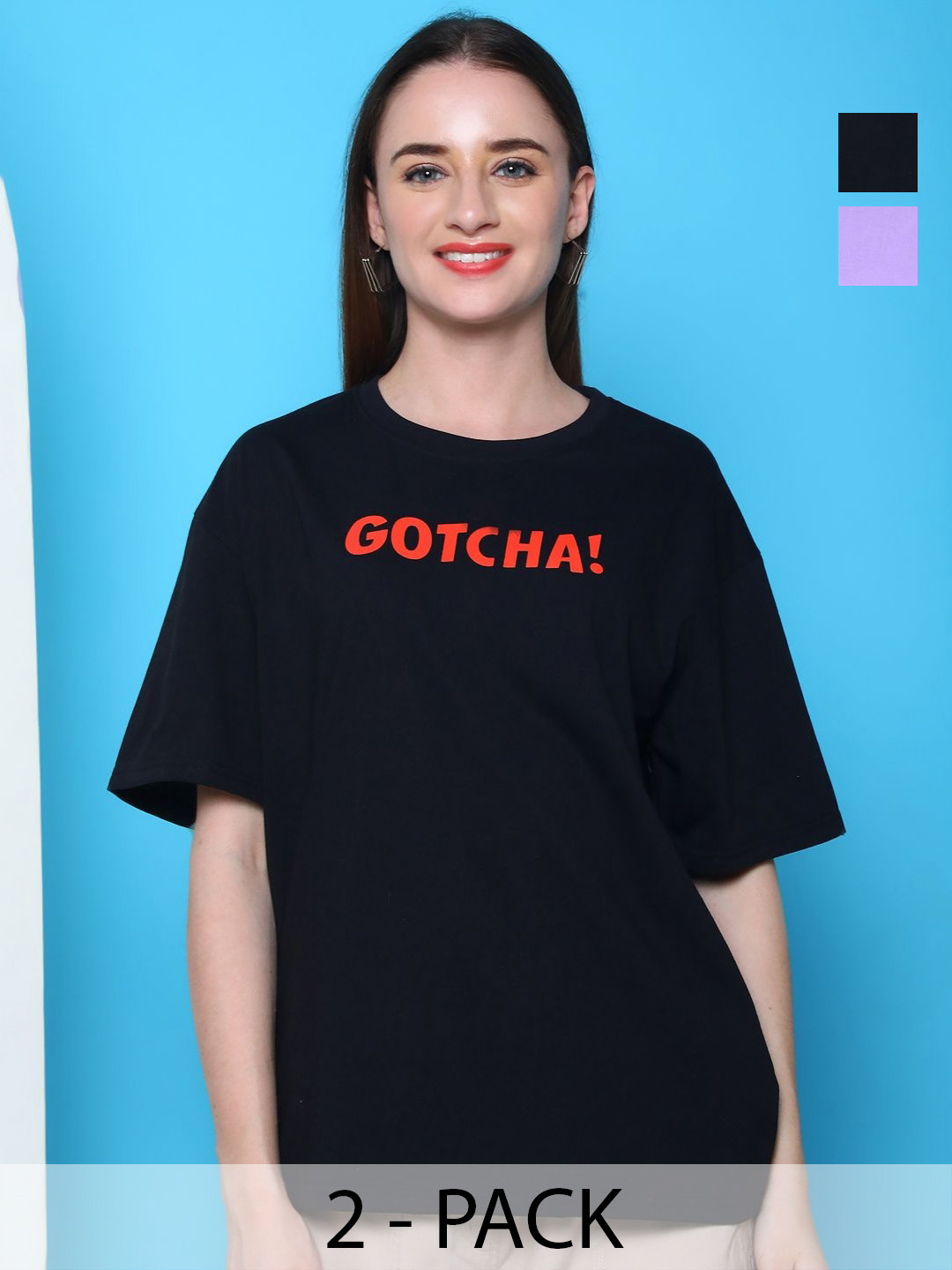 

Dreambe Women Pack of 2 Graphic Printed Round Neck Cotton Relaxed Fit T-shirts, Black