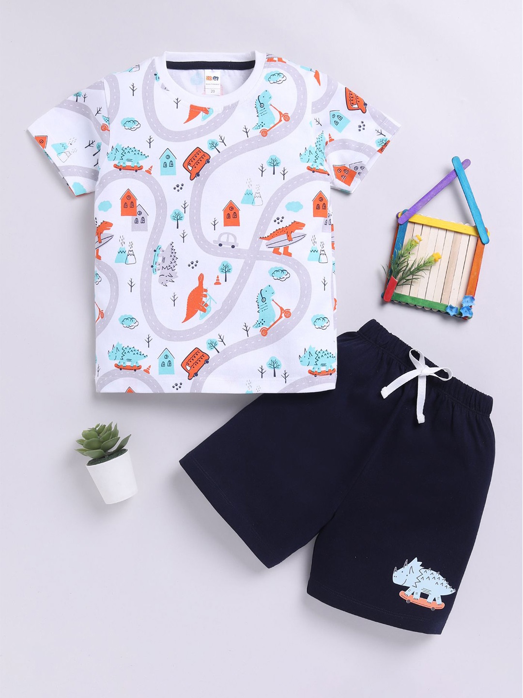 

LITTLE NINJA Boys Printed Round Neck Pure Cotton T-Shirt With Shorts, White