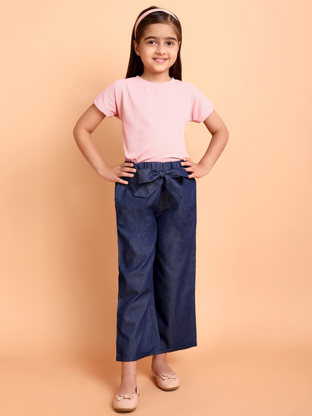 

YK Girls Round Neck Pure Cotton T-Shirt With Palazzo, Pink