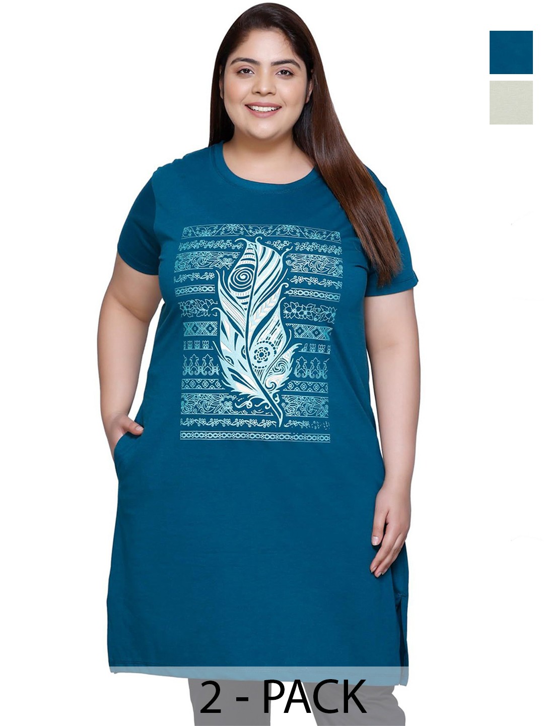 

IN Love Pack of 2 Women Plus Size Front Printed Cotton Nighty Chemise, Blue