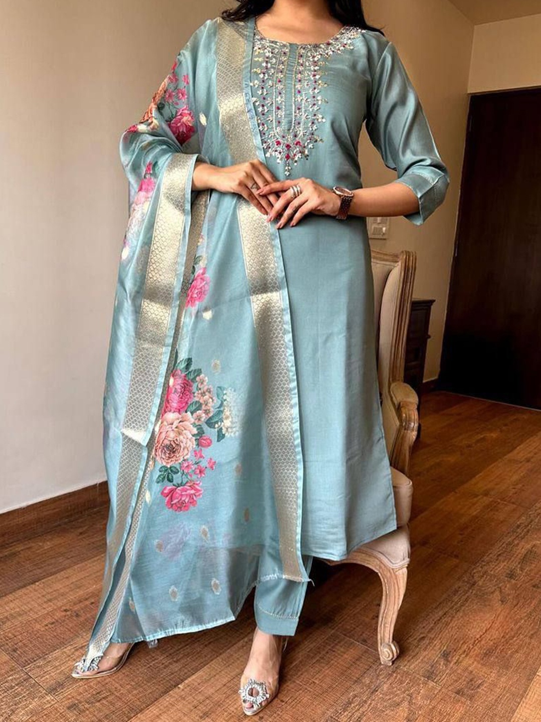 

Kurti Culture Floral Embroidered Round Neck Kurta With Trousers And Dupatta, Blue