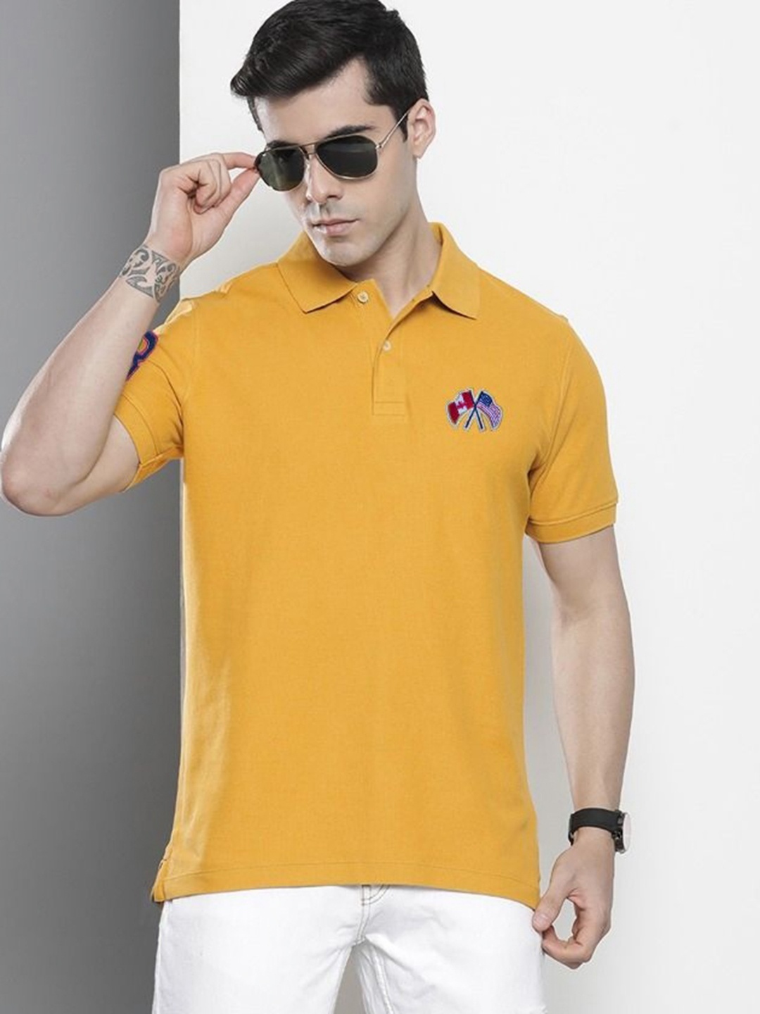 

MERRIMENT Men Solid Polo Collar Cotton T-shirt, Mustard