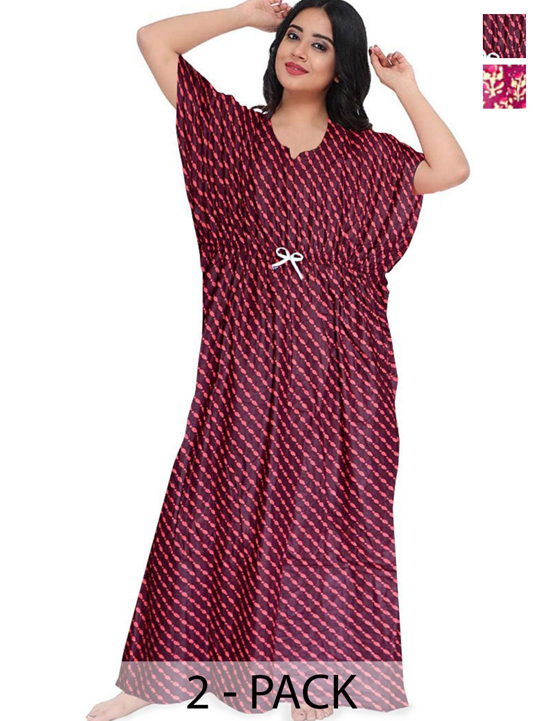 

PR PINK ROYAL Women Pack Of 2 Printed Pure Cotton Maxi Kaftan Nightdress