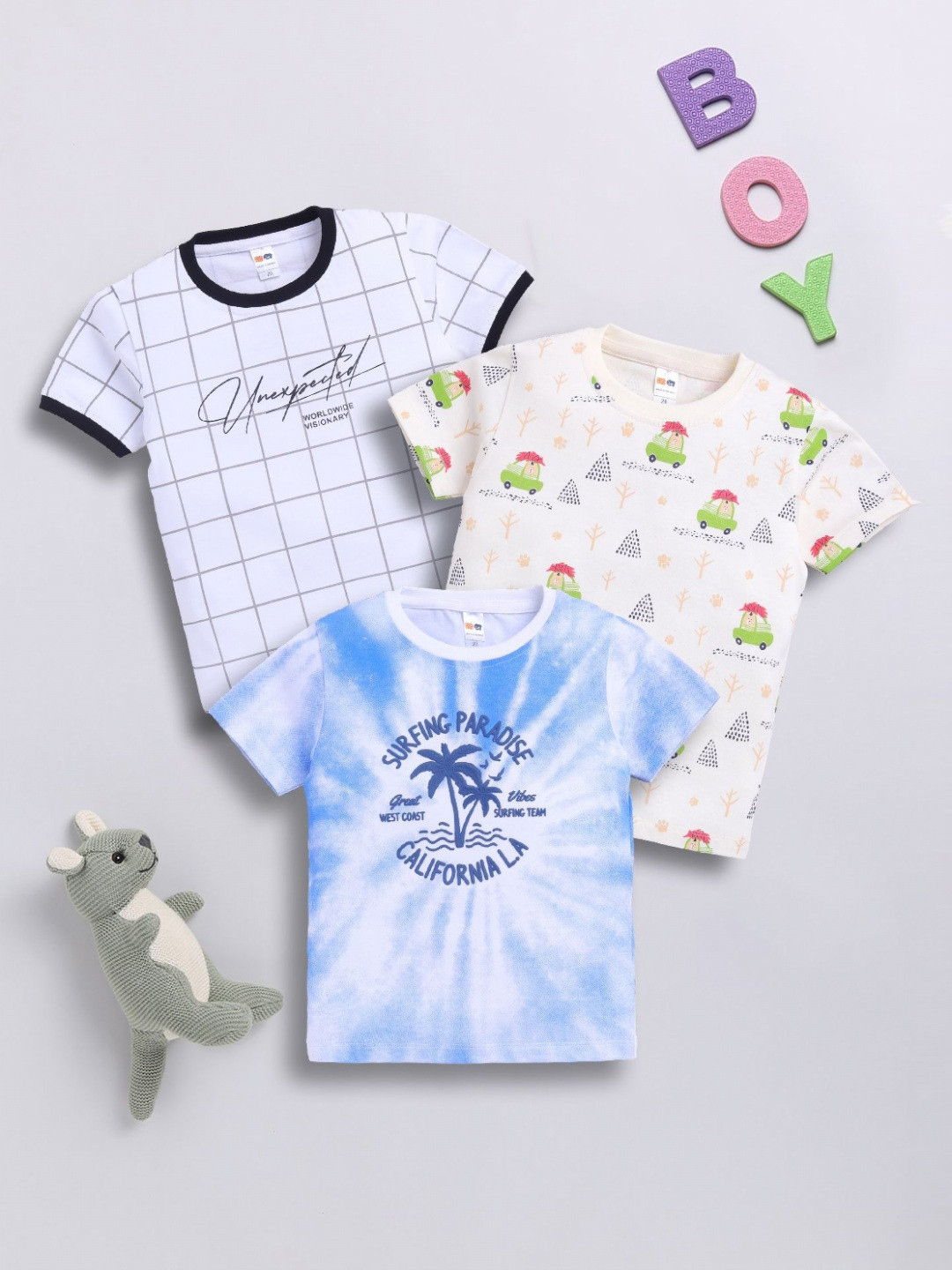 

LITTLE NINJA Boys Pack Of 3 Checked Round Neck Cotton T-shirts, Blue