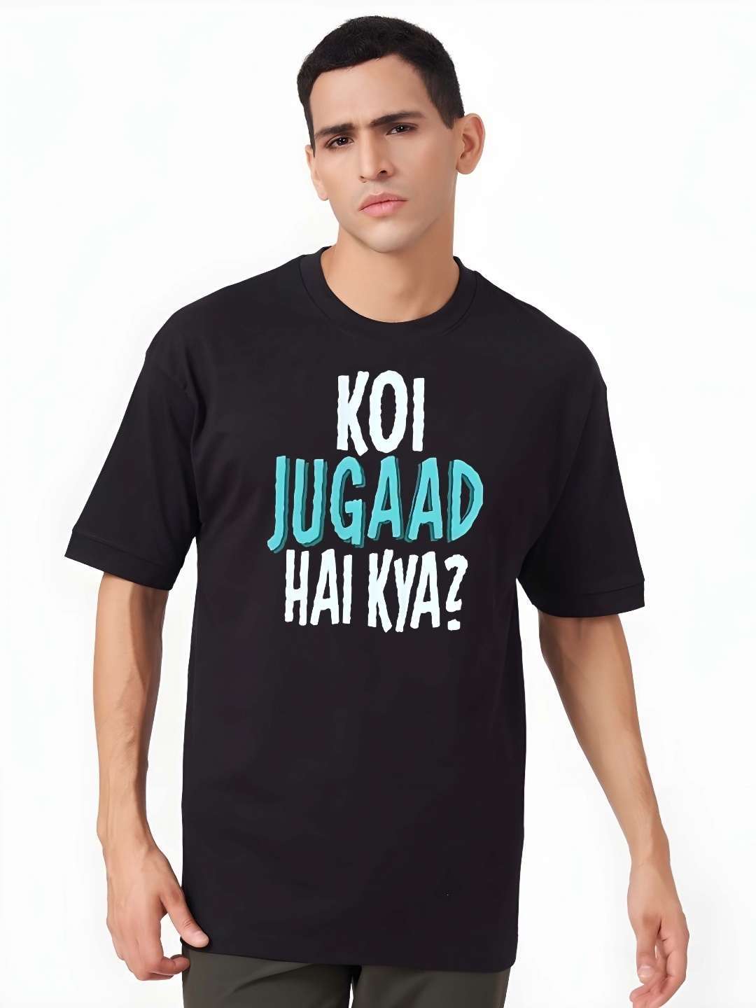 

SZN Men Typography Printed Round Neck Cotton Oversized T-shirt, Black
