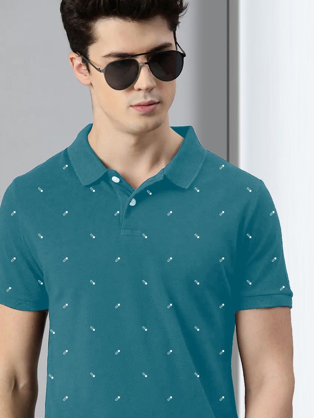 

MERRIMENT Men Geometric Printed Polo Collar Cotton T-shirt, Teal