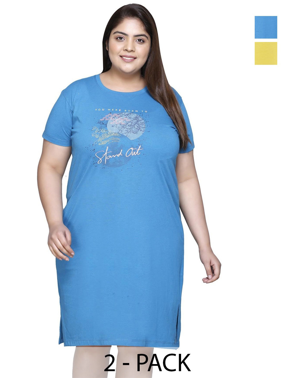 

IN Love Pack of 2 Women Plus Size Front Printed Cotton Nighty Chemise, Blue