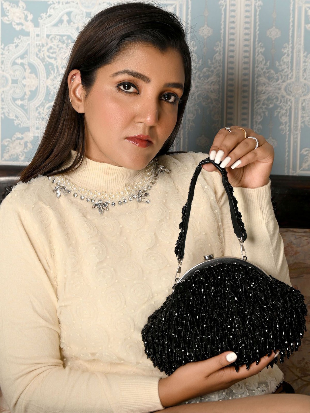 

ODETTE Embellished Structured Handheld Bag with Tasselled, Black