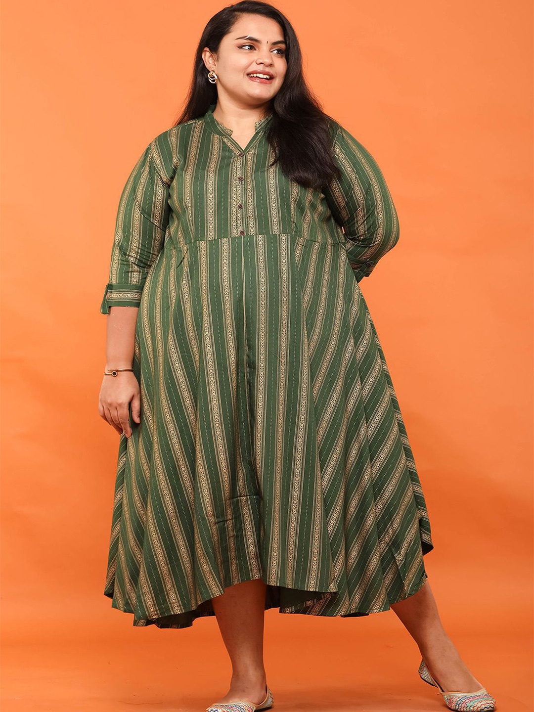 

EASY 2 WEAR Women Plus size Striped A-Line Midi Dress, Green