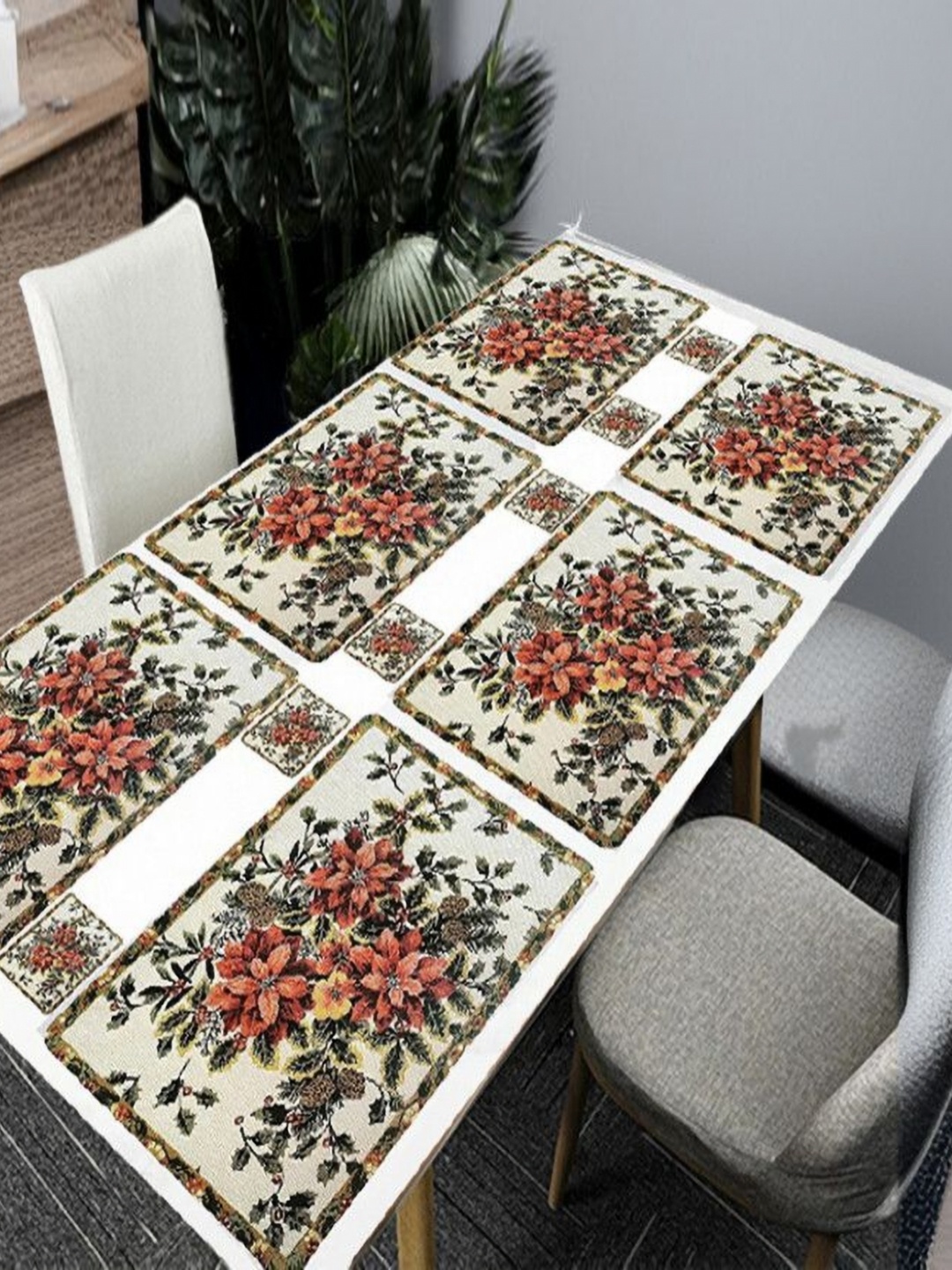 

REVEXO 6Pc White & Red Printed Rectangle Costers & Table Placemats