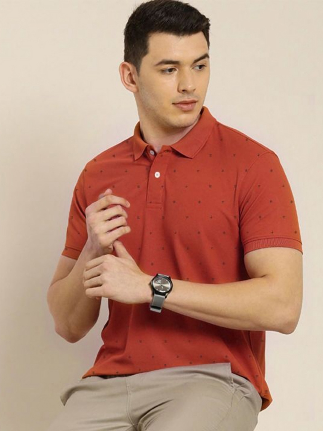 

MERRIMENT Men Geometric Printed Polo Collar Cotton T-shirt, Orange
