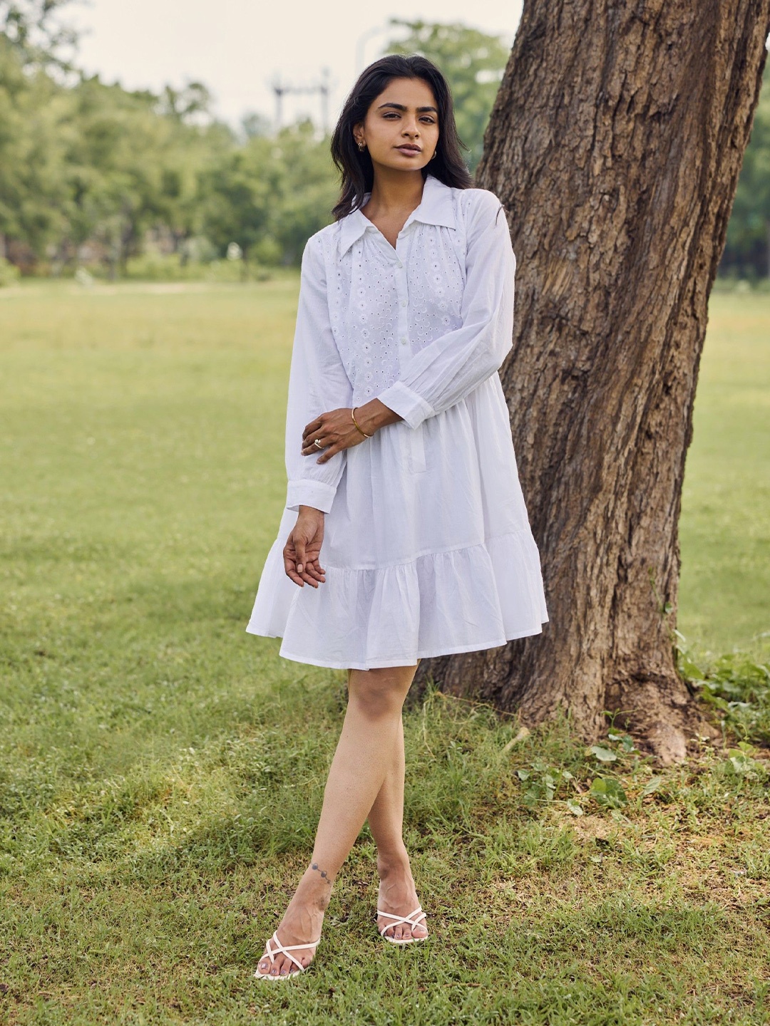 

Sencei Embroidered Shirt Mini Dress, White