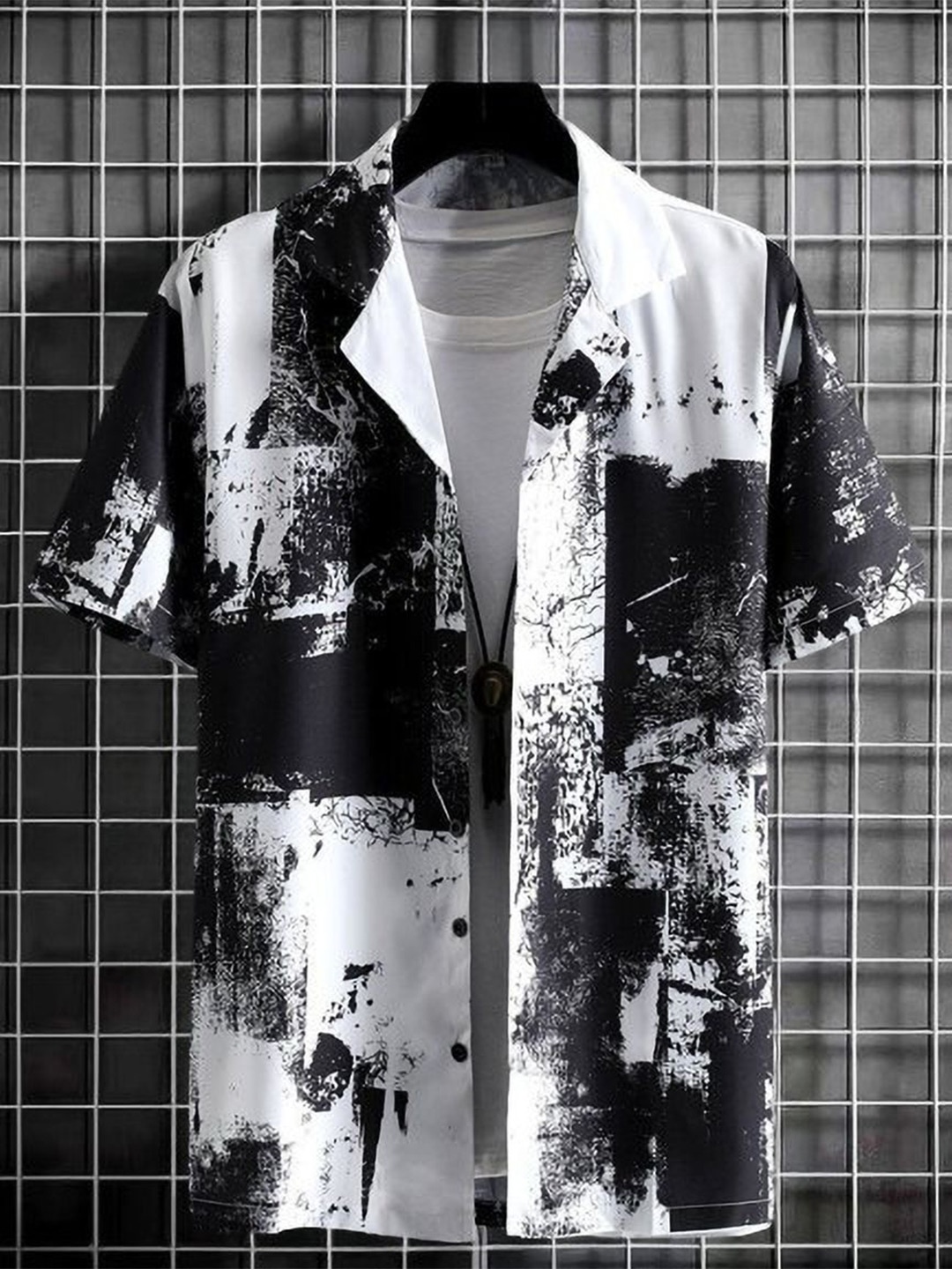 

iCome Men Relaxed Fit Spread Collar Abstract Printed Casual Shirt, White