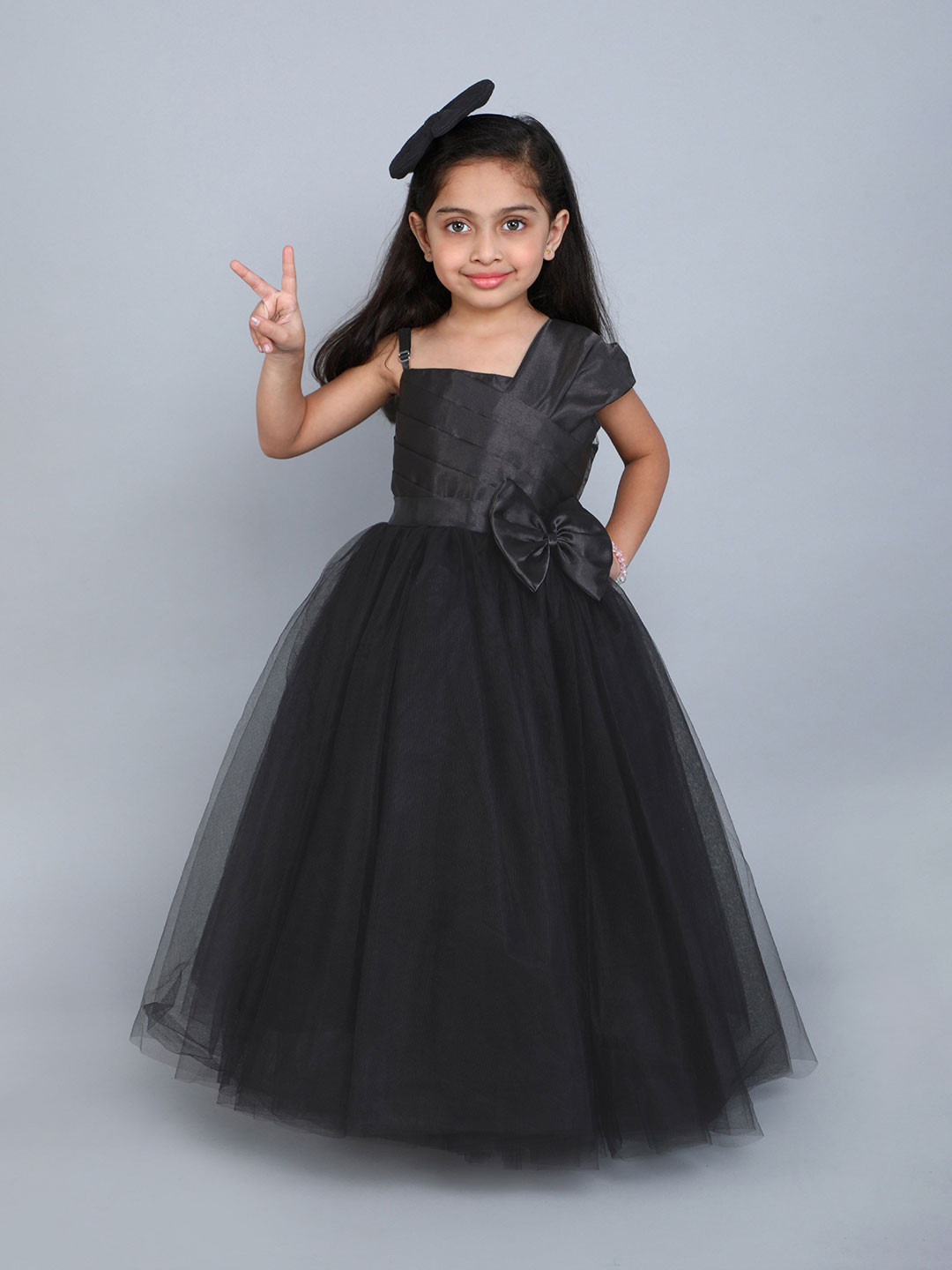 

Pink Chick Girls Solid One Shoulder Satin Bodice Gathered Maxi Dress With Shoulder Straps, Black
