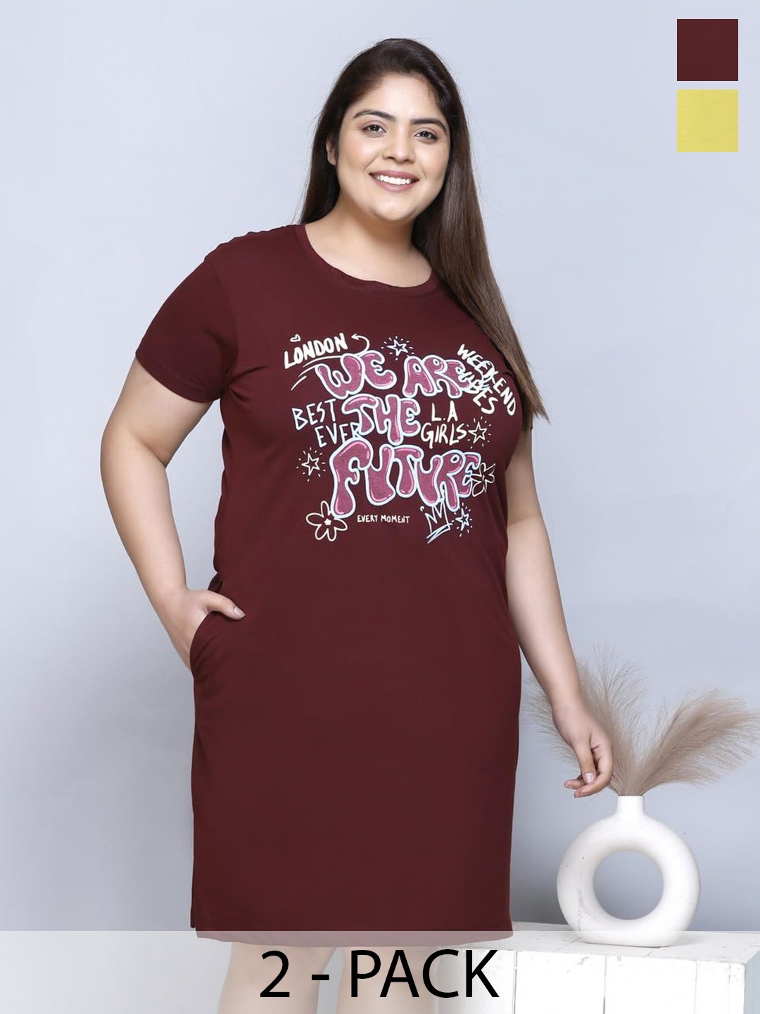 

IN Love Pack of 2 Women Plus Size Front Printed Cotton Nighty Chemise, Maroon