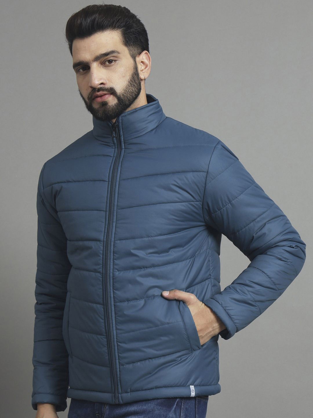 

RENUOVO Men Mock Collar Solid Casual Padded Jacket, Blue