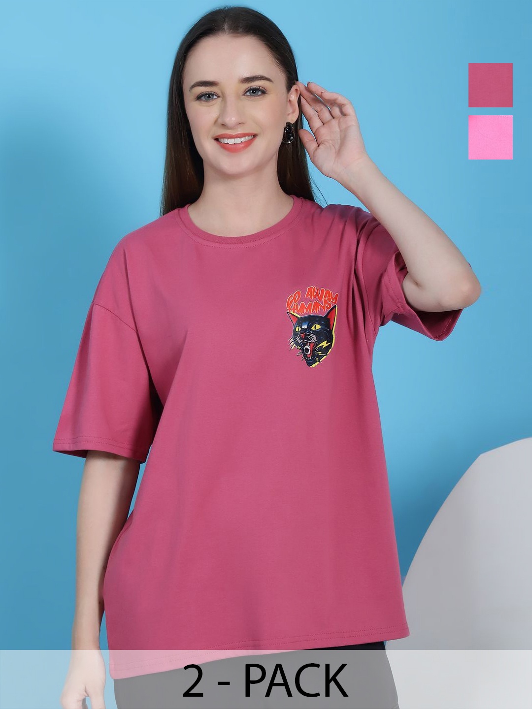 

Dreambe Women Pack of 2 Graphic Printed Round Neck Cotton Relaxed Fit T-shirts, Mauve