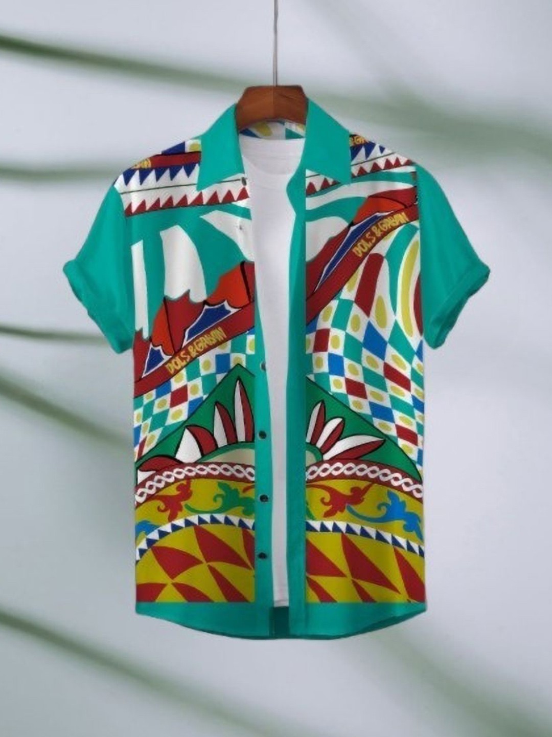 

iCome Men Spread Collar Geometric Printed Casual Shirt, Green