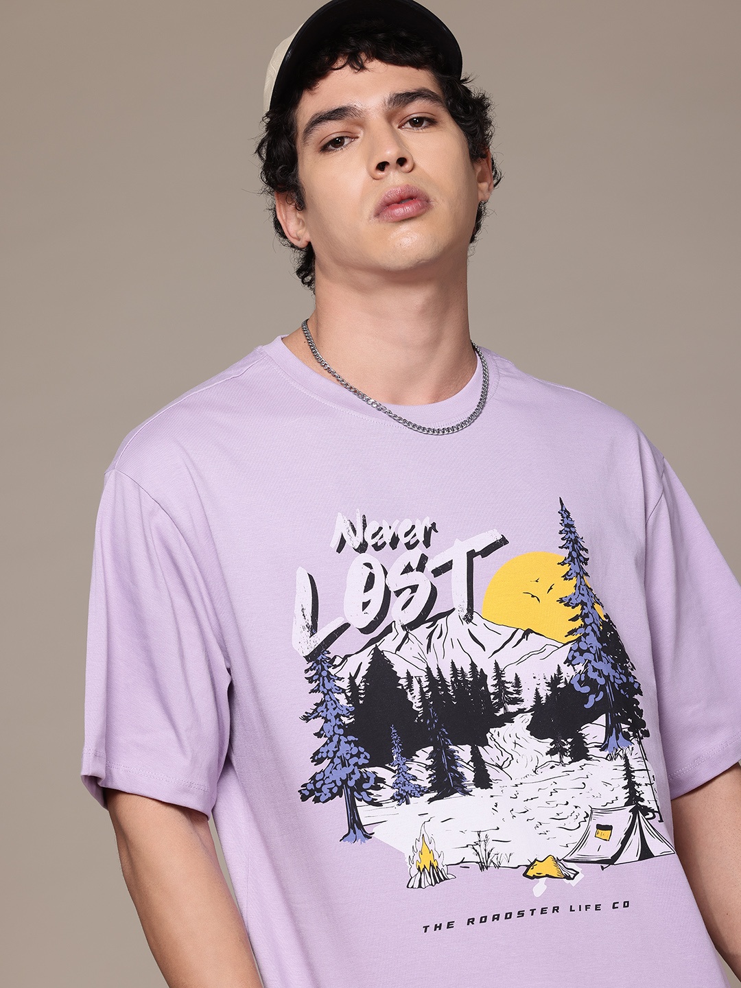 

Roadster The Lifestyle Co Printed Drop-Shoulder Sleeves Pure Cotton T-shirt, Lavender