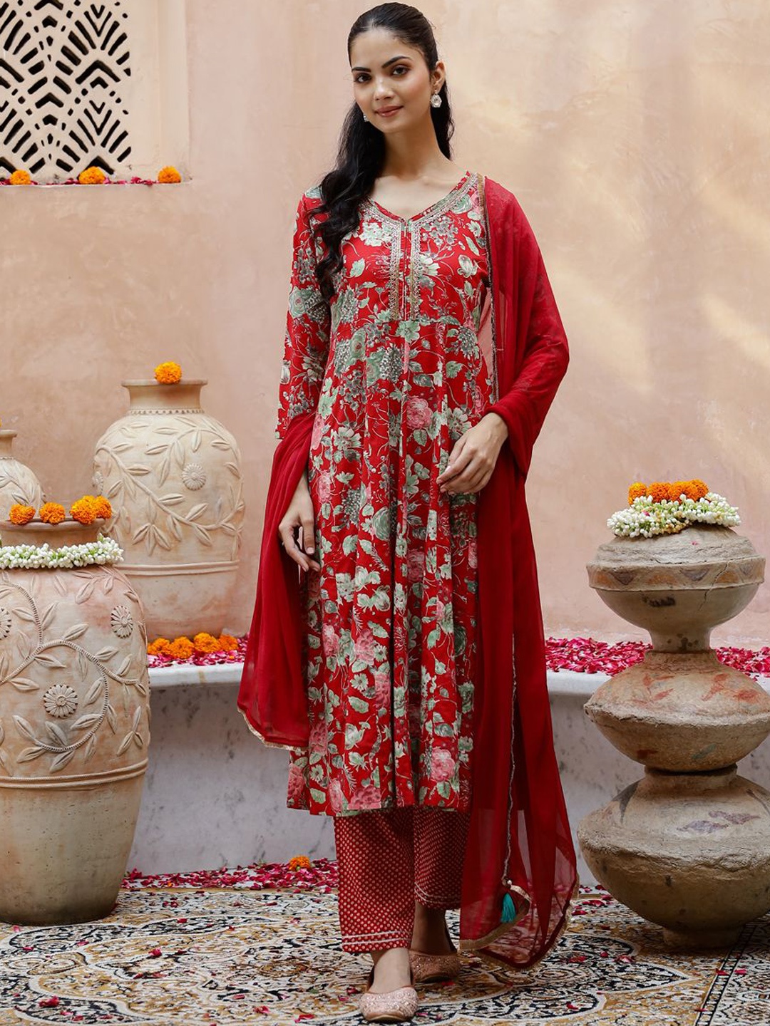 

Sangria Red Floral Printed Beads & Stones Pure Cotton Kurta With Trousers & Dupatta