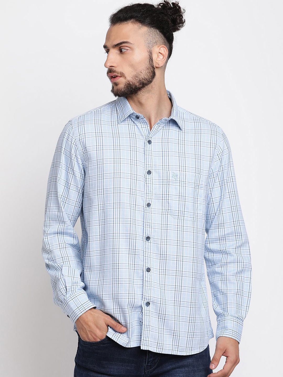 

Cantabil Men Comfort Fit Spread Collar Checked Cotton Casual Shirt, Blue